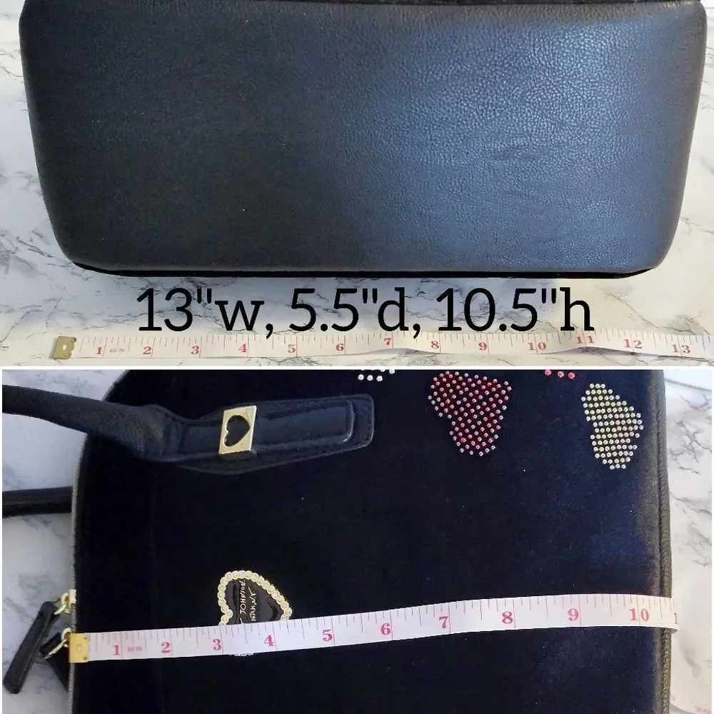 Betsey‎ Johnson Black Velvet Studded Hearts Dome Satchel Crossbody Bag Large